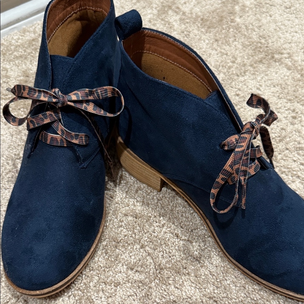 Hey Girl Navy Ankle Suede Boots with Leopard Laces